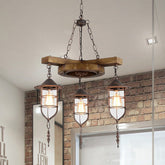 Wooden Metal Caged Chandelier Lighting Kit - 3/7 Lights for Restaurant Hanging
